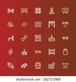 Editable 25 lifting icons for web and mobile. Set of lifting included icons line Weightlifting, Anti age, Dumbbell, Crane, Chest expander, Kettlebell, Lift, Bench press on red