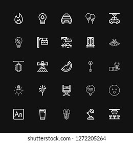 Editable 25 light icons for web and mobile. Set of light included icons line Light, Desk lamp, Beer, Animate, Shocked, Idea, Director chair, Sparkler, Tungsten on black background