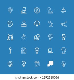 Editable 25 lightbulb icons for web and mobile. Set of lightbulb included icons line Idea, Thinking, Lightbulb, Lamp, Brainstorm, Tungsten, Electricity, Light on blue background