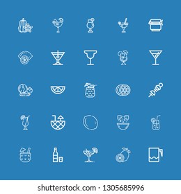 Editable 25 lime icons for web and mobile. Set of lime included icons line Jar, Lemon, Cocktail, Vodka, Vegetables, Carambola on blue background
