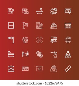 Editable 25 iconos alineados para web y móvil. Juego de iconos alineados incluidos línea de goma, Barco, , Diploma, Bar, Trabajo en equipo, Clasificación, Intercambio, Entrega, Bath, Envío, Varita en rojo