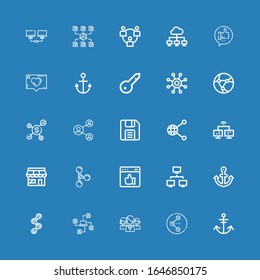 Editable 25 link icons for web and mobile. Set of link included icons line Anchor, Share, Networking, Network, Chain, Like, Merge, Market, Diskette, Keyword on blue background