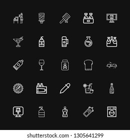 Editable 25 liquid icons for web and mobile. Set of liquid included icons line Washing machine, Bottle, Mouthwash, Soap, Paint brush, Water, Lemonade, Eyedropper on black background