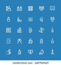 Bearbeitbar 25 flüssige Icons für Web und Mobile. Set Set mit flüssigen Symbolen Linie Zylinder, Thermo, Monitor, Detergent, WASHING HANDS, Sirup, Mundwaschen, Teebecher auf blauem Hintergrund