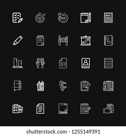 Editable 25 list icons for web and mobile. Set of list included icons line Receipt, Note, Sticky note, Paper, Notepad, List, Clipboard, Pads, Highlighter, Notebook on black background