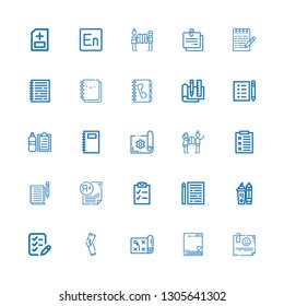 Editable 25 list icons for web and mobile. Set of list included icons line Note, Sticky note, Planning, Pads, List, Highlighter, Sheet, Checklist, Exam, Notes on white background
