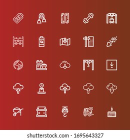 Editable 25 load icons for web and mobile. Set of load included icons line Crane, Loader, Battery, Wheelbarrow, Download, Upload, Weight, Waiting, Weights, Pulley on red