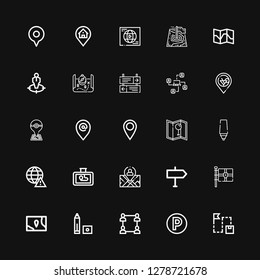 Editable 25 location icons for web and mobile. Set of location included icons line Route, Parking, Network, Marker, Map, Flag, Direction, Position, Gps, Worldwide on black background