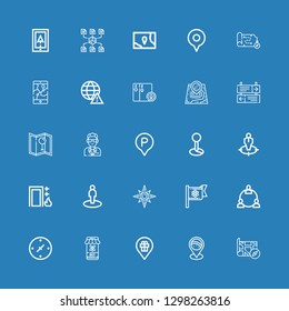 Editable 25 location icons for web and mobile. Set of location included icons line Map, Placeholder, Shopping online, Cardinal points, Network, Flag, Windrose on blue background