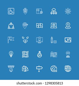 Editable 25 location icons for web and mobile. Set of location included icons line Worldwide, Direction, Cards, Network, Map, Earth globe, Location, Marker on blue background