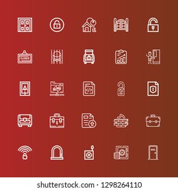 Editable 25 lock icons for web and mobile. Set of lock included icons line Door, Safebox, Bug, Lock, Unlocked, Briefcase, Firewall, File, Chest, Door hanger, Shared folder on red