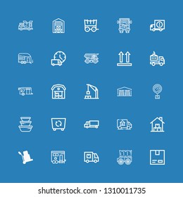 Editable 25 logistic icons for web and mobile. Set of logistic included icons line Cardboard, Carriage, Delivery truck, Trailer, Logistic, Warehouse, Container on blue background