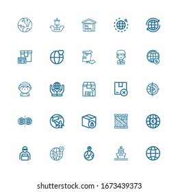 Editable 25 logistics icons for web and mobile. Set of logistics included icons line Globe, Ship, Earth globe, Worldwide, Delivery man, Package, Planet earth on white background