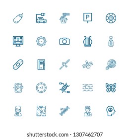Editable 25 logo icons for web and mobile. Set of logo included icons line Peace, Policeman, Dna, Shorts, Girl, Butterfly, Shark, Chip, Mobile, Cryptozoology on white background