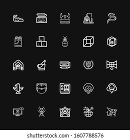 Editable 25 logotype icons for web and mobile. Set of logotype included icons line Dragon, Nature, Ant, d, Co, Baseball field, Tiger, Eagle, Emblem, Keyboard on black background