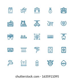 Editable 25 logotype icons for web and mobile. Set of logotype included icons line H o, Viking, Barbershop, Dragon, d, Field, Pendulum, Keyboard, Pier, Emblem on white background