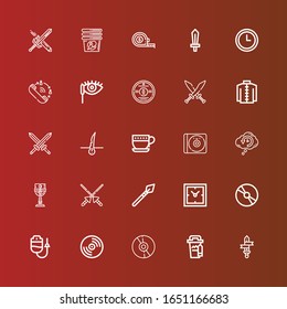 Editable 25 largos iconos para web y móvil. Conjunto de iconos largos incluidos línea Espada, taza de café, Cd, Vinyl, Dropper, Clocks, Spear, Spears, Cup, Retrocognición, pelo, espadas en rojo