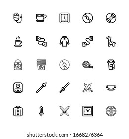Editable 25 long icons for web and mobile. Set of long included icons line Cd, Clocks, Swords, Sword, Kimono, Cup, Spear, Wall clock, Coffee cup, Measuring tape on white background