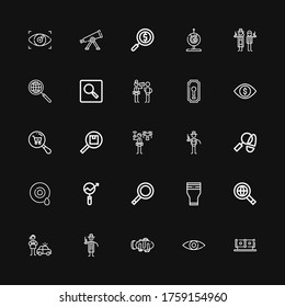 Editable 25 look icons for web and mobile. Set of look included icons line Tube, View, Clown fish, Detective, Searching, Glass, Magnifying glass, Research on black background