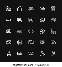 Editable 25 lorry icons for web and mobile. Set of lorry included icons line Delivery man, Van, Truck, Delivery truck, Cargo truck, Minibus, Garbage truck on black background