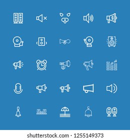 Editable 25 loud icons for web and mobile. Set of loud included icons line Loudspeaker, Bell, Speaker, Audio, Megaphone, Volume, Alarm, Horn, Speakers, Alarm bell on blue background