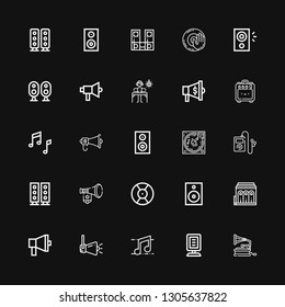 Editable 25 loudspeaker icons for web and mobile. Set of loudspeaker included icons line Gramophone, Announcer, Music, Speaker, Megaphone, Philharmonic, DJ on black background