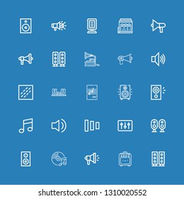 Editable 25 loudspeaker icons for web and mobile. Set of loudspeaker included icons line Speakers, Amplifier, Megaphone, Music, Woofer, Loudspeaker, DJ, Fade buttons on blue background