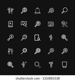 Editable 25 loupe icons for web and mobile. Set of loupe included icons line Glass, Detective, Magnifier, Searching, Search, Magnifying glass, Zoom out, Zoom on black background