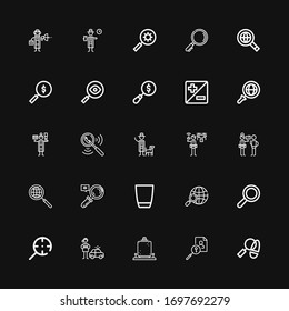 Iconos editables de 25 líneas para web y móvil. Conjunto de lupa incluidos iconos línea Detective, Buscar, Vidrio de aumento, Vidrio, Ampliación, Ampliación, Zoom, Búsqueda en fondo negro