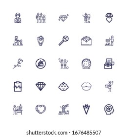 Editable 25 love icons for web and mobile. Set of love included icons line Favorite, Bouquet, Veterinarian, Heart, Donation, Lips, Baby boy, Diamond, Cardiogram on white background