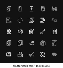 Editable 25 luck icons for web and mobile. Set of luck included icons line Casino, Poker, Sweep, Dice, Poker table, Ireland, Leprechaun shoe, Spade, Bingo on black background