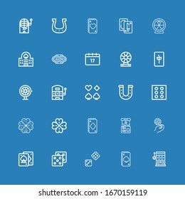 Editable 25 luck icons for web and mobile. Set of luck included icons line Slot machine, Ace, Dice, Playing cards, Casino chip, Claw machine, Clover, Horseshoe on blue background