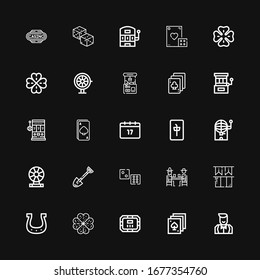 Editable 25 luck icons for web and mobile. Set of luck included icons line Croupier, Poker, Poker table, Clover, Horseshoe, Ireland, Gamblers, Dice, Spade on black background