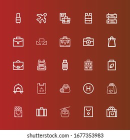 Editable 25 luggage icons for web and mobile. Set of luggage included icons line Shopping bag, Cableway, Suitcase, Gift bag, Hotel, Purse, Paper bag, Luggage, Backpack on red