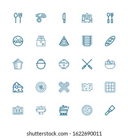 Editable 25 lunch icons for web and mobile. Set of lunch included icons line Spatula, Salad, Pot, Hot pot, Bbq, Waffle, Cheese, Wooden spoon, Oyster omelette on white background
