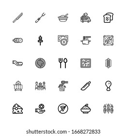 Editable 25 lunch icons for web and mobile. Set of lunch included icons line Bbq, Porridge, No fast food, Chips, Cheese, Fried chicken, Knife, Noodles, Lunch on white background