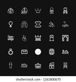 Editable 25 luxury icons for web and mobile. Set of luxury included icons line Chair, Lipstick, Crown, Cruise, Lounge chair, Boating, Gem, Sofa, Purse, Ring on black background