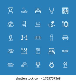 Editable 25 luxury icons for web and mobile. Set of luxury included icons line Necklace, Ring, Chair, Purse, Cruise, Boat, Earrings, Ice bucket, Crown, Sofa on blue background