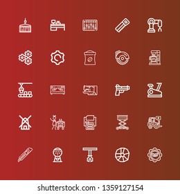 Editable 25 machine icons for web and mobile. Set of machine included icons line Settings, Wheel, Robotic arm, Machine, Cutter, Loader, Lift, Printer, Housekeeping, Mill on red