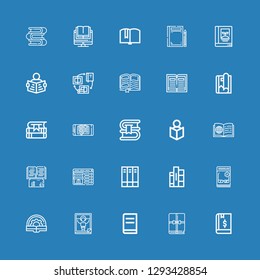 Editable 25 magazine icons for web and mobile. Set of magazine included icons line Book, Magazine, Catalog, Books, Booking, Read, Ebook on blue background