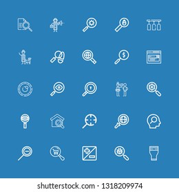 Editable 25 magnifying icons for web and mobile. Set of magnifying included icons line Glass, Virus search, Zoom, Search, Zoom out, Magnifying glass, Detective on blue background