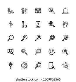 Editable 25 magnifying icons for web and mobile. Set of magnifying included icons line Search, Lens, Zoom, Magnifier, Magnifying glass, Detective, Searching on white background