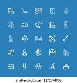 Editable 25 maintenance icons for web and mobile. Set of maintenance included icons line Worker, Wrench, Setup, Screwdriver, Toolbox, Tools, Repairing, Fixed on blue background