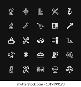 Bearbeitbare 25 Wartungs-Icons für Web und Mobile. Wartungspaket mit den Symbolen Unterstützung, Arbeiter, Tools, Doppelöl, Wartung, Toolbox, Maus, Konfiguration auf schwarzem Hintergrund