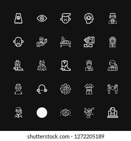 Editable 25 male icons for web and mobile. Set of male included icons line Fist, Scientist, Eye, Boot, Park ranger, Couple, Clothes, User, Lesson, Sumo, Barman on black background