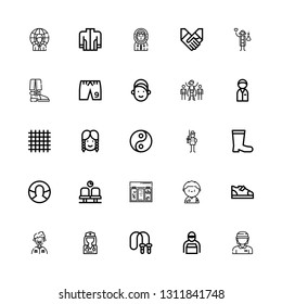 Editable 25 male icons for web and mobile. Set of male included icons line Cashier, Delivery man, Jumping rope, Doctor, Grandfather, Boots, Soccer player, Topping on white background