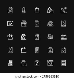 Editable 25 iconos de centros comerciales para web y móvil. Conjunto de centros comerciales con íconos incluidos estantes de línea, Merchandise, bolsa de compras, centro comercial, bolsa, bolso de papel, centro comercial sobre fondo negro