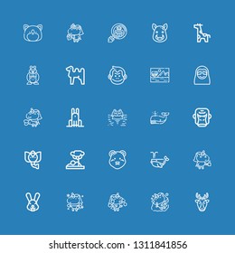 Editable 25 mammal icons for web and mobile. Set of mammal included icons line Deer, Unicorn, Rabbit, Whale, Polar bear, Savannah, Elephant, Gorilla, Hippopotamus on blue background