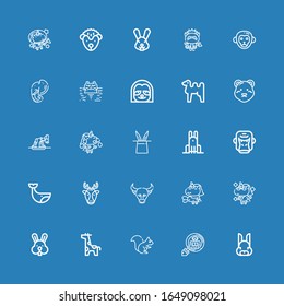 Editable 25 mammal icons for web and mobile. Set of mammal included icons line Rabbit, Cryptozoology, Squirrel, Giraffe, Unicorn, Buffalo, Deer, Whale, Gorilla on blue background