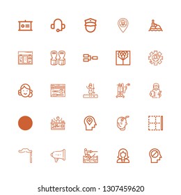 Editable 25 man icons for web and mobile. Set of man included icons line Mind, Reception, Wakeboarding, Speaker, Mustache, Border, Paintball, Stairs, Doctor on white background